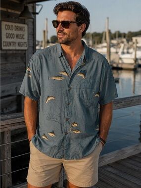 Hook & Tackle Ocean Fish Print Button-Up Shirt in Slate Blue